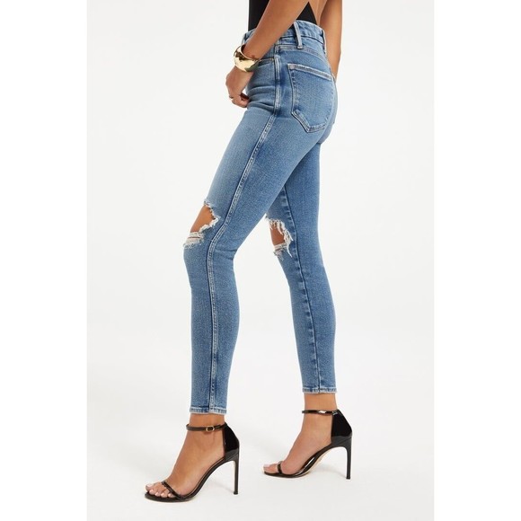 Good American Good Curve Skinny Crop Denim Jeans Blue High Waist Distressed New - Picture 2 of 9